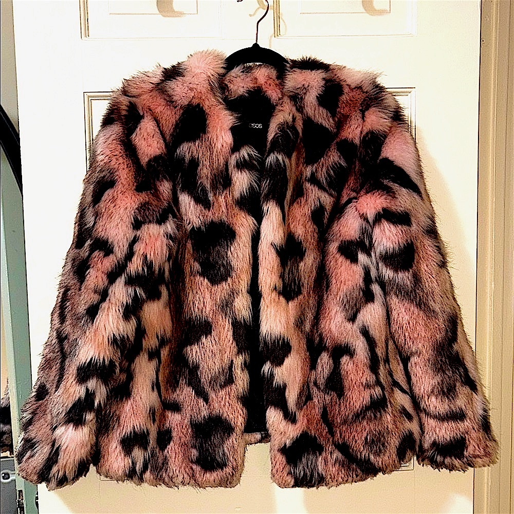 ASOS Faux Fur Leopard-Print Jacket in Pink and Black